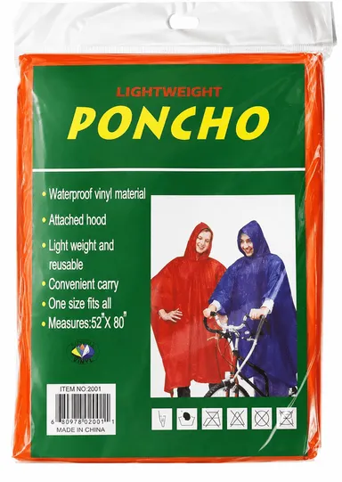 Waterproof Long Rain Poncho | Reusable Vinyl Hooded Adult Travel orange thumbnail 1