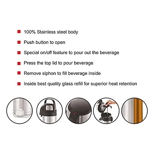CELLO Stainless Steel Vacuum Insulated Water Dispenser 2 L | Double Wall Leak-Proof Push-Button Beverage Server for Office & Events image 3