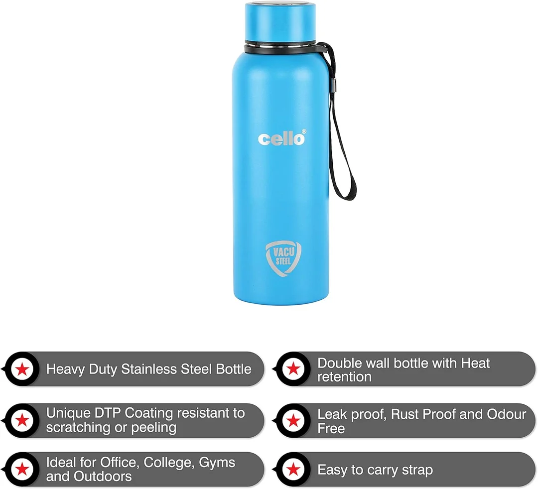 Cello 550ml Double Walled Insulated Steel Water Bottle | Leakproof Light Blue Travel Bottle for Hot and Cold Drinks | Durable, BPA-Free, Premium Quality, Reusable, Perfect for Daily Use, Gym, Office, and Outdoor Adventures image 2