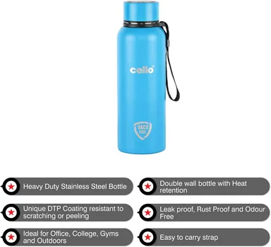 Cello 550ml Double Walled Insulated Steel Water Bottle | Leakproof Light Blue Travel Bottle for Hot and Cold Drinks | Durable, BPA-Free, Premium Quality, Reusable, Perfect for Daily Use, Gym, Office, and Outdoor Adventures thumbnail 1