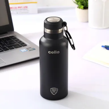 Cello Duro Hector Thermosteel 550ml Black ISI Certified Stainless Steel Double Walled Vacuum Insulated Water Bottle 24H Hot Cold thumbnail 1