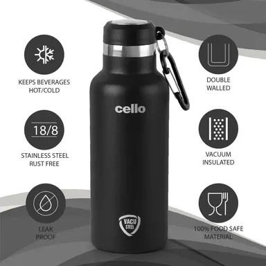 Cello Duro Hector Thermosteel 550ml Black ISI Certified Stainless Steel Double Walled Vacuum Insulated Water Bottle 24H Hot Cold thumbnail 2