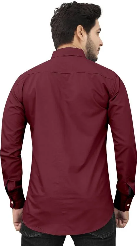 Men Solid Casual Maroon Cotton Shirt | Slim Fit Mandarin Collar Full Sleeve image 2