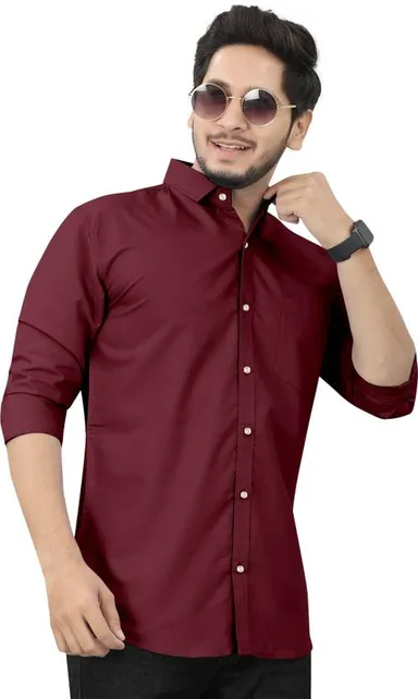 Men Solid Casual Maroon Cotton Shirt | Slim Fit Mandarin Collar Full Sleeve thumbnail 0