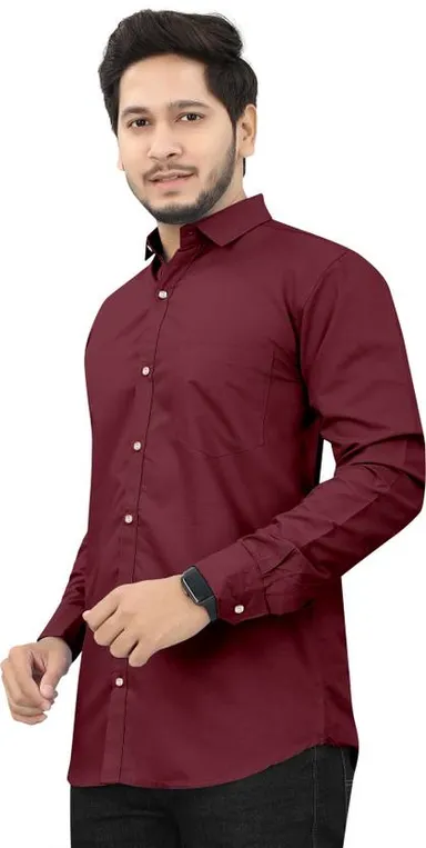 Men Solid Casual Maroon Cotton Shirt | Slim Fit Mandarin Collar Full Sleeve thumbnail 3