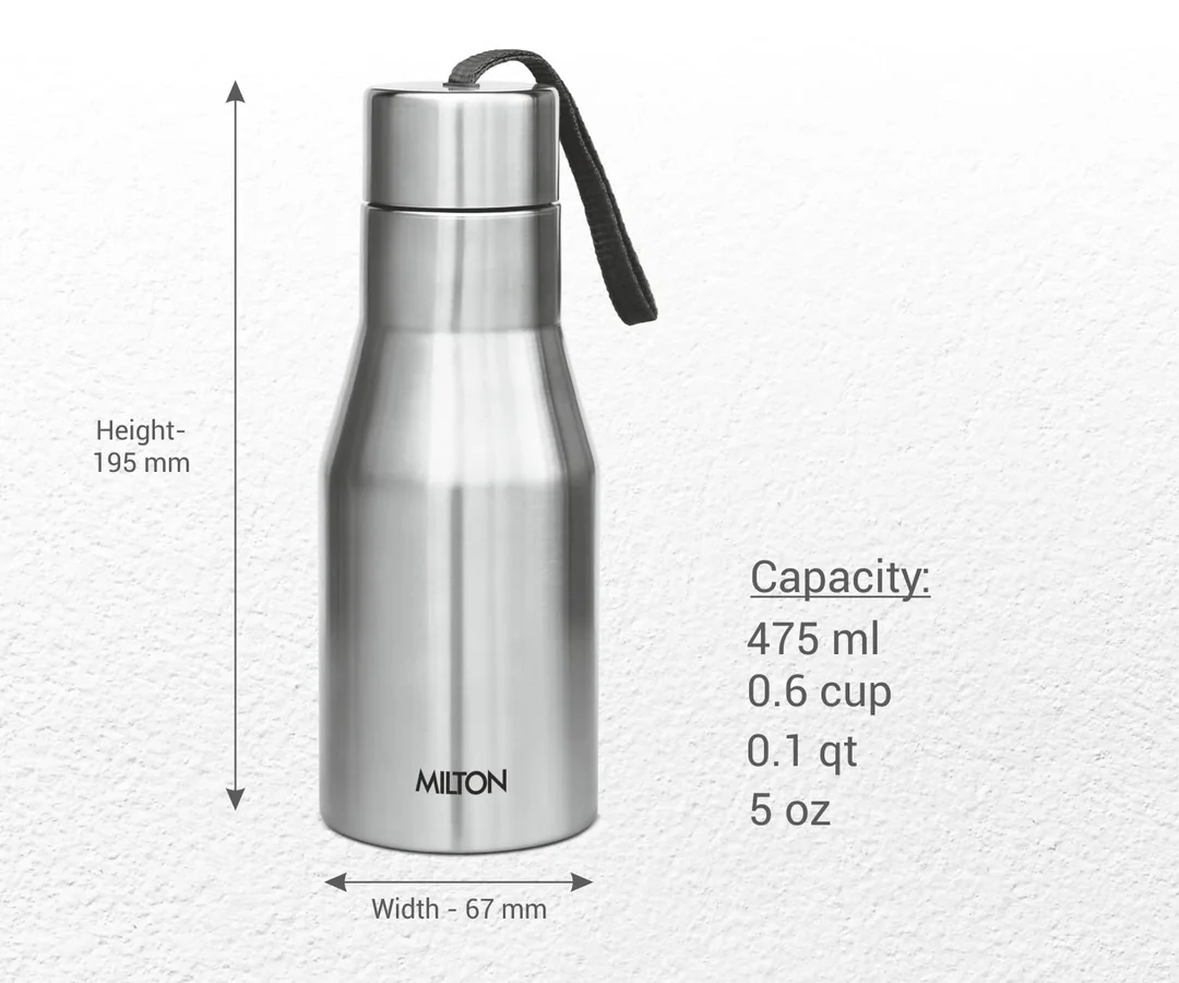 MILTON Super 500 Water Bottle | Stainless Steel 475 ml| Leak Proof| Rust Proof| Slim Design | School| Office| Gym| Travel | ISI Certified image 2