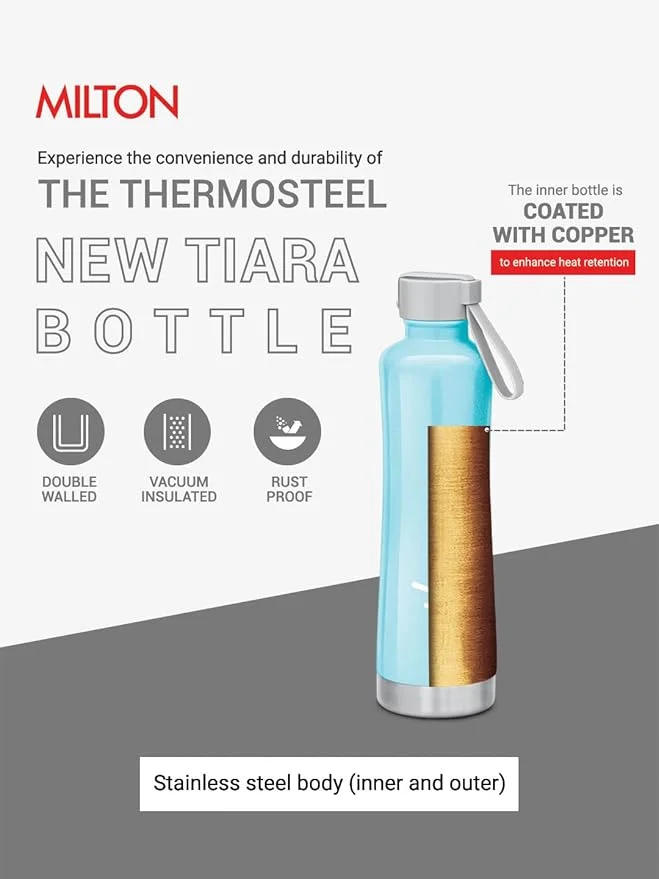 Milton Tiara 600 Thermosteel 490 ml | Vacuum Insulated Hot & Cold Flask | Leak Proof with Carry‑String | Sky Blue image 3
