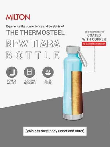 Milton Tiara 600 Thermosteel 490 ml | Vacuum Insulated Hot & Cold Flask | Leak Proof with Carry‑String | Sky Blue thumbnail 2