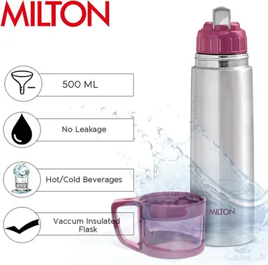 Milton  Thermosteel Flask 1000ml, Vacuum Insulated, Leak Proof, Double Walled Steel Bottle, Drinking Cup Lid, Steel Pink Jacket, Travel & Office Use thumbnail 3