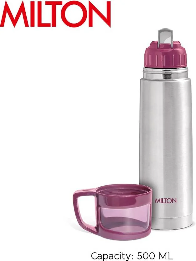Milton Thermosteel Flask 1000ml, Vacuum Insulated, Leak Proof, Double Walled Steel Bottle, Drinking Cup Lid, Steel Pink Jacket, Travel & Office Use image 2