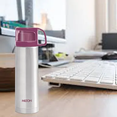Milton  Thermosteel Flask 1000ml, Vacuum Insulated, Leak Proof, Double Walled Steel Bottle, Drinking Cup Lid, Steel Pink Jacket, Travel & Office Use thumbnail 2
