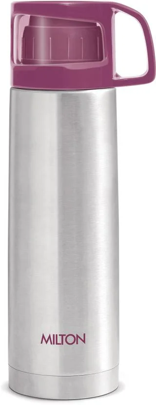 Milton Thermosteel Flask 1000ml, Vacuum Insulated, Leak Proof, Double Walled Steel Bottle, Drinking Cup Lid, Steel Pink Jacket, Travel & Office Use image 1