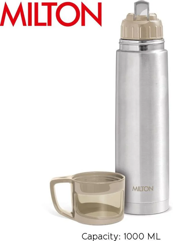 Milton Thermosteel Flask 1000ml| Vacuum Insulated, Leak Proof|Double Walled Steel Bottle| Drinking Cup Lid|Steel Coral Jacket|Travel & Office Use image 2
