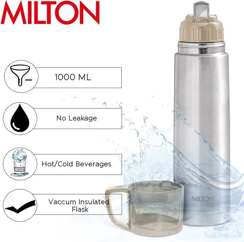 Milton Thermosteel Flask 1000ml| Vacuum Insulated, Leak Proof|Double Walled Steel Bottle| Drinking Cup Lid|Steel Coral Jacket|Travel & Office Use image 4