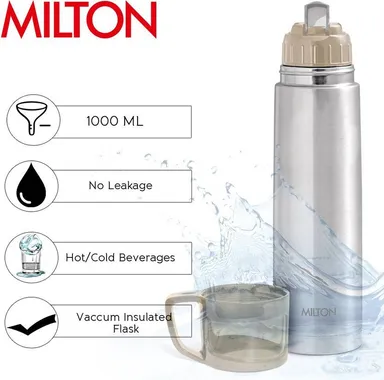 Milton Thermosteel Flask 1000ml| Vacuum Insulated, Leak Proof|Double Walled Steel Bottle| Drinking Cup Lid|Steel Coral Jacket|Travel & Office Use thumbnail 3