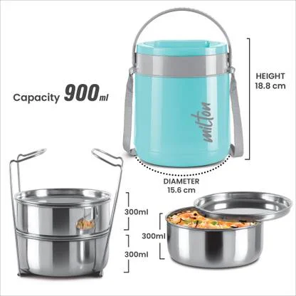 Milton Classic 3 Container Lunch Box sky blue 900ml | Leak-Proof Insulated | Office School Travel | Stainless Steel Thermoware image 3