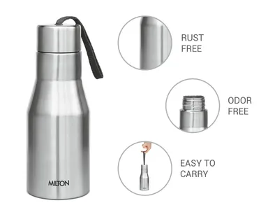 Milton super 500 Stainless Steel Water Bottle 475 ml | Leak Proof silver School Gym  thumbnail 1