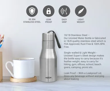 Milton super 500 Stainless Steel Water Bottle 475 ml | Leak Proof silver School Gym  thumbnail 4