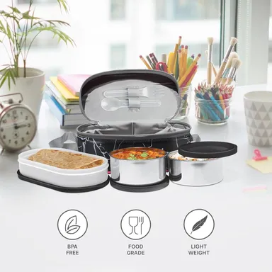 MILTON Executive Lunch Box with Steel Cutlery| 2×280ml Stainless Steel Containers + 450ml Microwave Safe Oval Plastic| Insulated Leakproof Office Tiffin for Daily Lunch Carry India thumbnail 1
