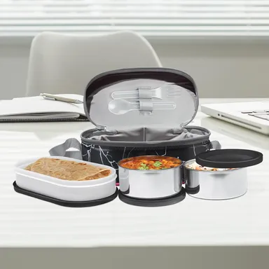 MILTON Executive Lunch Box with Steel Cutlery| 2×280ml Stainless Steel Containers + 450ml Microwave Safe Oval Plastic| Insulated Leakproof Office Tiffin for Daily Lunch Carry India thumbnail 3