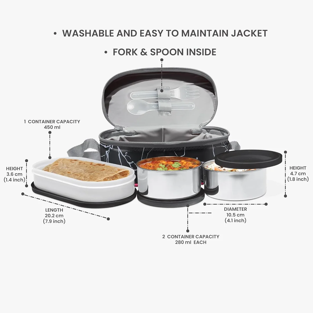 MILTON Executive Lunch Box with Steel Cutlery| 2×280ml Stainless Steel Containers + 450ml Microwave Safe Oval Plastic| Insulated Leakproof Office Tiffin for Daily Lunch Carry India image 5