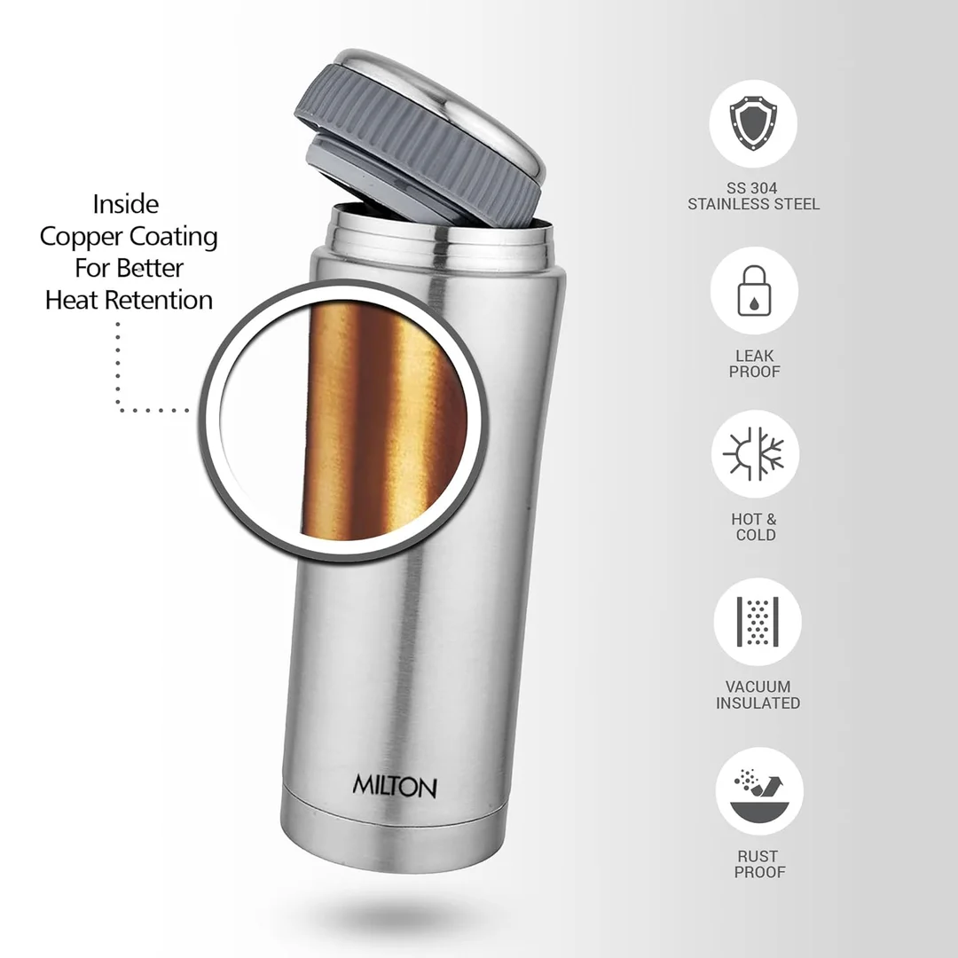 Milton Thermosteel Flask | 420 ml Hot & Cold Vacuum Insulated | Leak & Rust Proof | Silver image 3