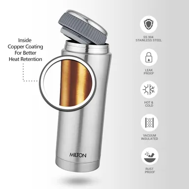 Milton Thermosteel Flask | 420 ml Hot & Cold Vacuum Insulated | Leak & Rust Proof | Silver thumbnail 2