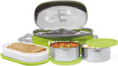 MILTON Executive Lunch Box 3-Compartment Insulated Tiffin with 2 Stainless Steel 280ml + Microwave-Safe 450ml Plastic Container Leak-Proof Office Bag Green thumbnail 1