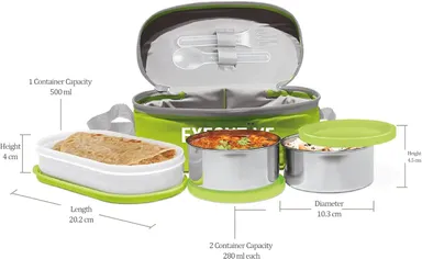 MILTON Executive Lunch Box 3-Compartment Insulated Tiffin with 2 Stainless Steel 280ml + Microwave-Safe 450ml Plastic Container Leak-Proof Office Bag Green thumbnail 5