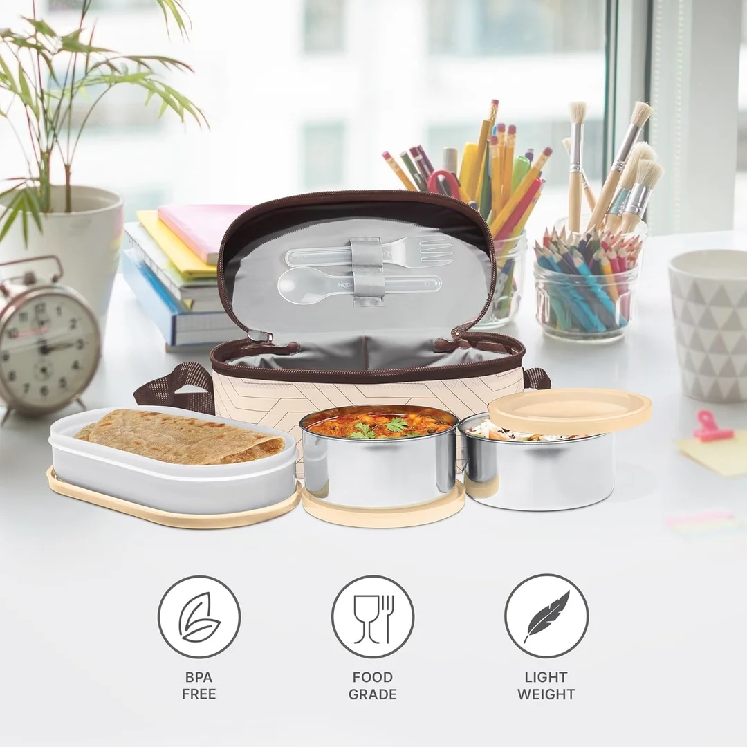 Milton Stainless Steel Executive Lunch Insulated Tiffin 3‑Piece Set 2x280ml + 450ml Leakproof Microwave Safe Office Lunch Box India Buy Online Best Price image 2