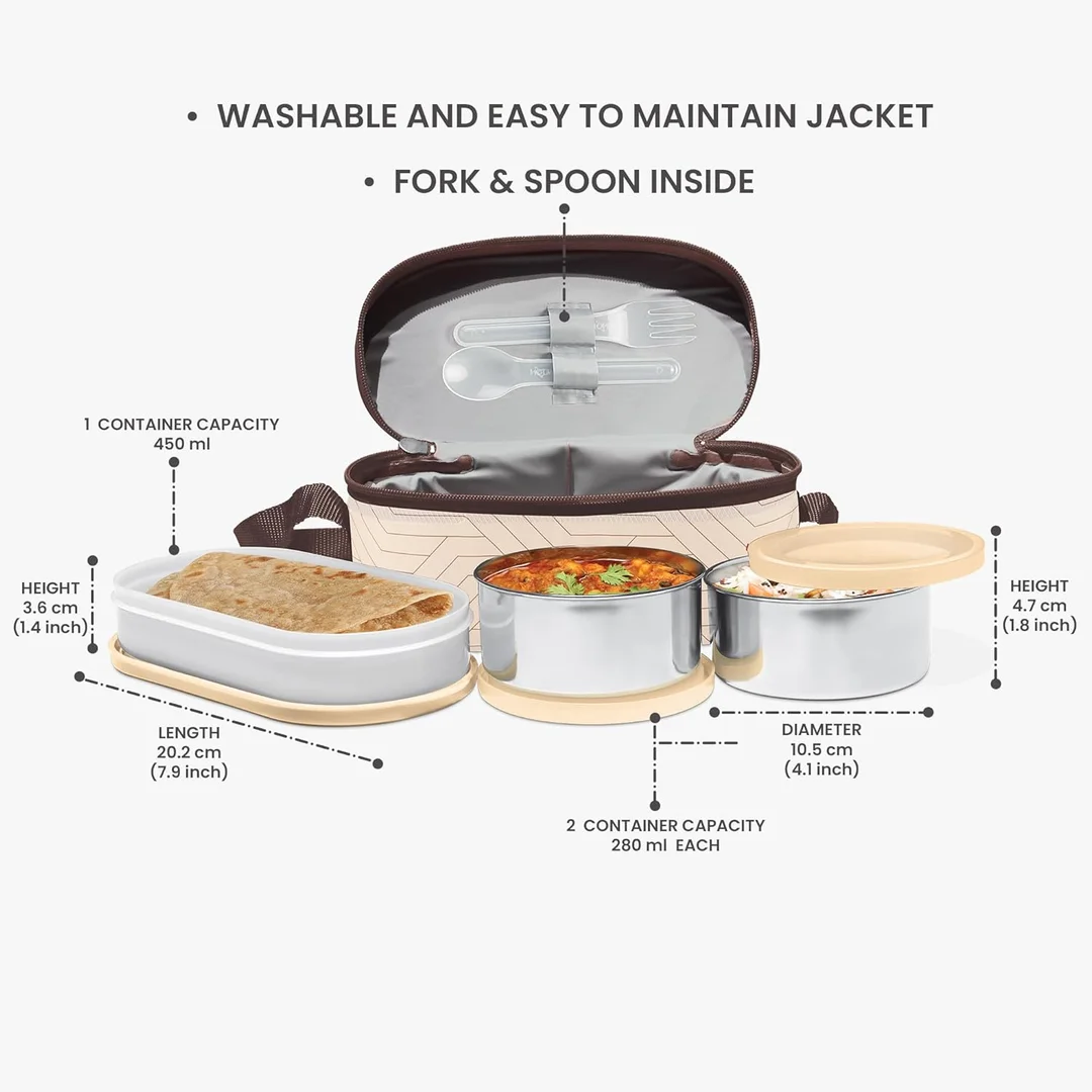Milton Stainless Steel Executive Lunch Insulated Tiffin 3‑Piece Set 2x280ml + 450ml Leakproof Microwave Safe Office Lunch Box India Buy Online Best Price image 6