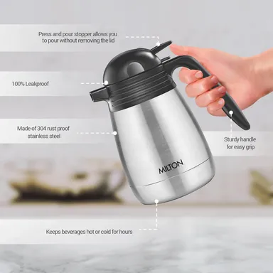 Milton Thermosteel Carafe | Rust Proof Double Walled 950 ml | Insulated Flask for Tea Coffee | Portable Food Grade |Silver thumbnail 3