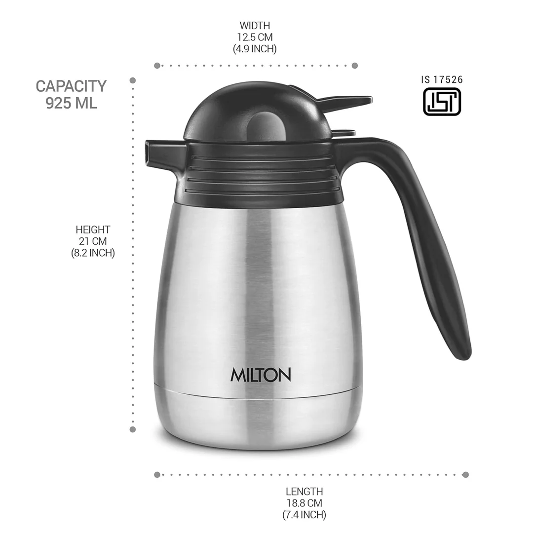 Milton Thermosteel Carafe | Rust Proof Double Walled 950 ml | Insulated Flask for Tea Coffee | Portable Food Grade |Silver image 5