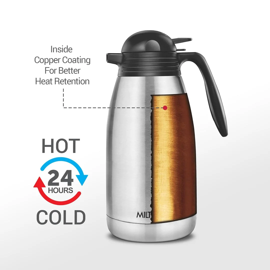 Milton Carafe 2000, Stainless Steel Vacuum Insulated Flask 2L | Leak Proof, Rust Free | Hot & Cold | Travel, Home, Office Use | Silver image 2
