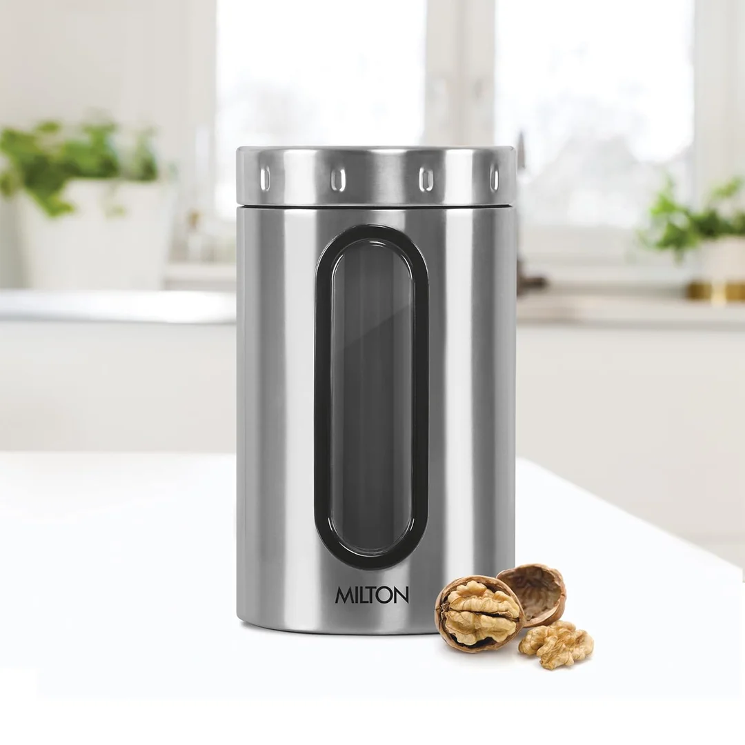 Milton Steel Crispy 1500 Airtight Storage Jar | Stainless Steel Odour Proof Kitchen Container 1.45L for Grains Pulses | Dishwasher Safe image 2