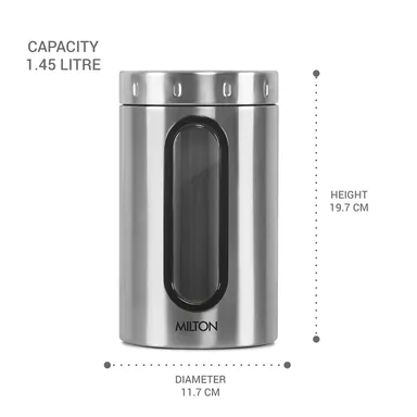 Milton Steel Crispy 1500 Airtight Storage Jar | Stainless Steel Odour Proof Kitchen Container 1.45L for Grains Pulses | Dishwasher Safe thumbnail 2