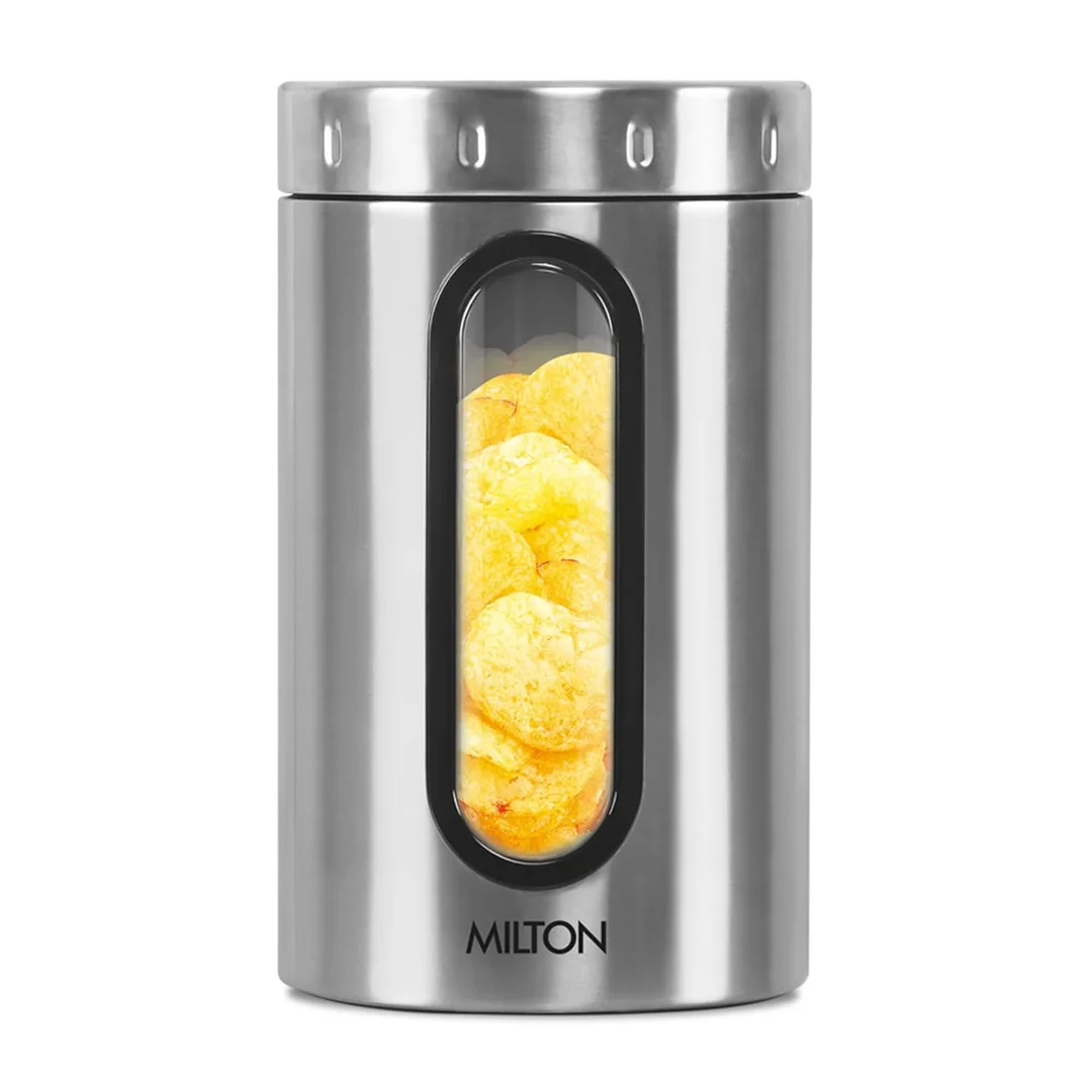 Milton Steel Crispy 1500 Airtight Storage Jar | Stainless Steel Odour Proof Kitchen Container 1.45L for Grains Pulses | Dishwasher Safe image 1