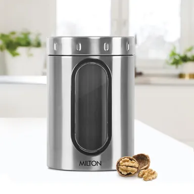 Milton Steel Storage Jar | Airtight Odour Proof Dishwasher Safe | 2 Litres Silver | Lightweight Kitchen Container | Durable Food Storage Jar thumbnail 1