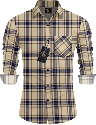Men’s Checkered Casual Shirt | Khaki Blue Regular Fit | Cotton Blend | Stylish Everyday Wear| Full Sleeve Button-Down thumbnail 0
