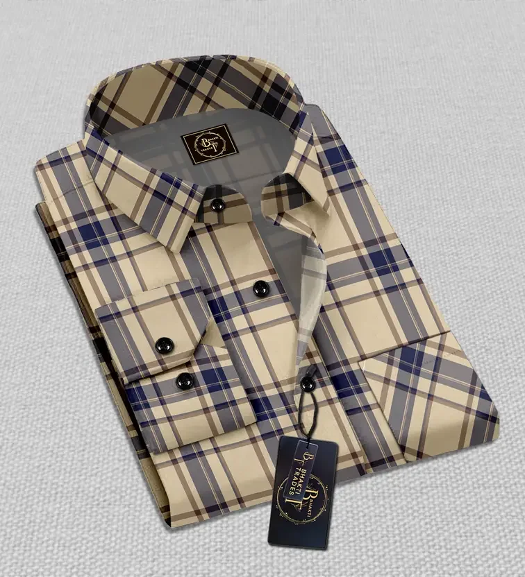 Men’s Checkered Casual Shirt | Khaki Blue Regular Fit | Cotton Blend | Stylish Everyday Wear| Full Sleeve Button-Down image 4