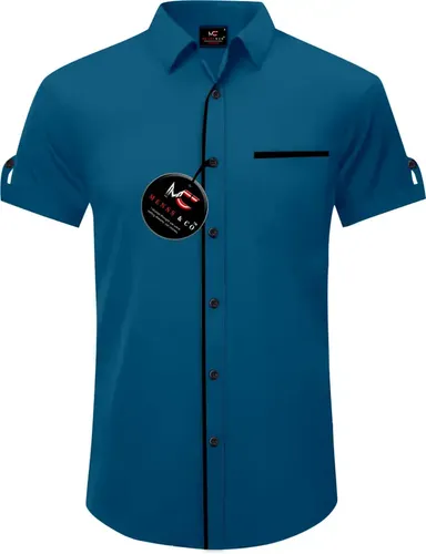 Men Solid Casual Blue Shirt Slim‑Fit Cotton for Office & Daily | Solid Blue Casual Shirt Plus Size thumbnail 0