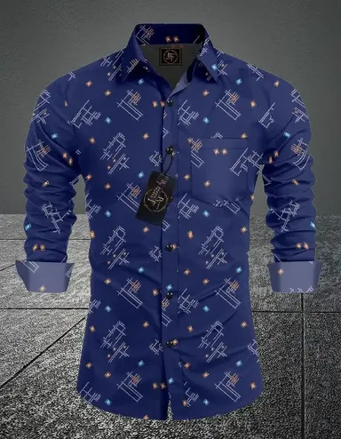 Men Printed Casual Shirt | Dark Blue Cotton Shirt | Daily Wear Stylish Fit thumbnail 0