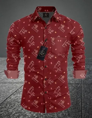 Men Printed Casual Maroon Shirt | Slim Fit Cotton Casual Shirt thumbnail 0