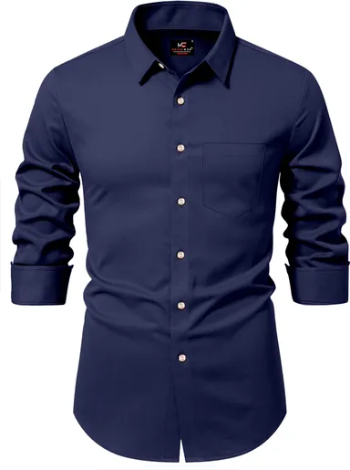 Men solid casual dark blue shirt | breathable cotton full sleeve shirt regular fit for office part thumbnail 0