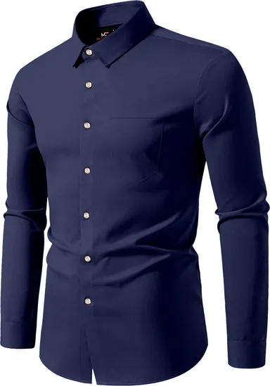 Men solid casual dark blue shirt | breathable cotton full sleeve shirt regular fit for office part thumbnail 2