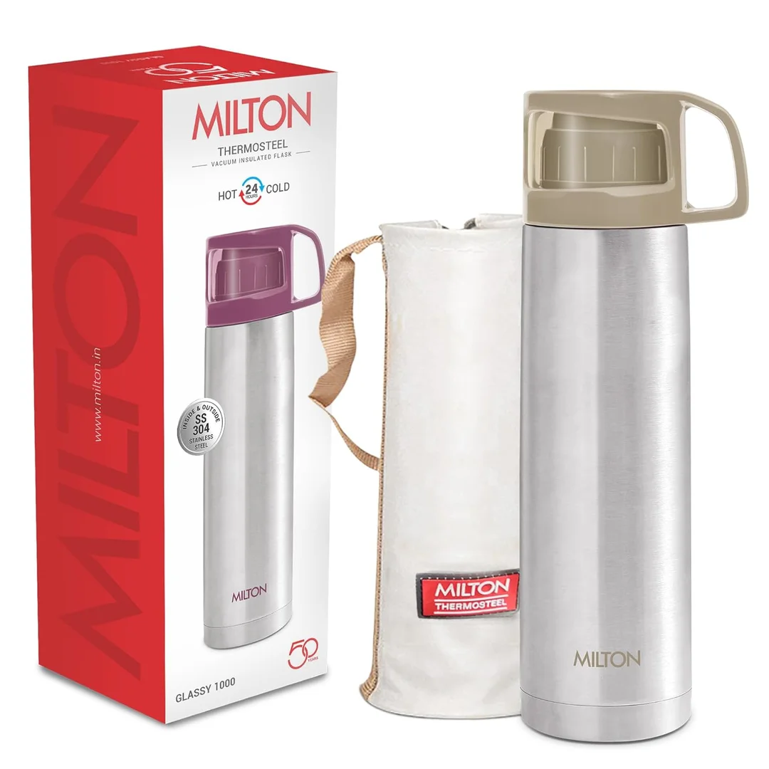 Milton Glassy Thermosteel Flask 1L | Vacuum Insulated, Leak Proof | Hot & Cold 24 Hr | Travel, Office, School Use image 1
