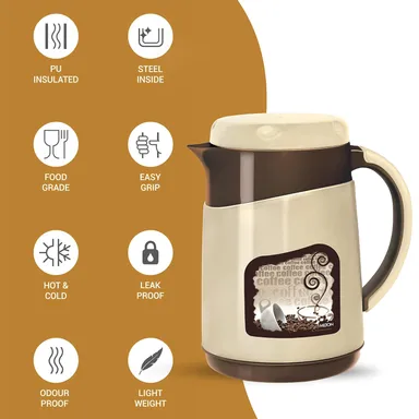 Milton Viva Tuff 750ml Insulated Water Jug, BPA Free Leakproof Stainless Steel Hot & Cold Jug, PU Inner, Ideal for Tea, Coffee, Hot Beverages, Brown thumbnail 2