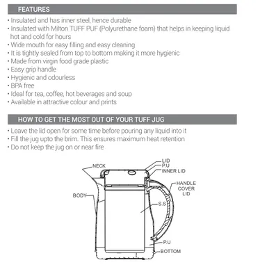 Milton Viva Tuff 750ml Insulated Water Jug, BPA Free Leakproof Stainless Steel Hot & Cold Jug, PU Inner, Ideal for Tea, Coffee, Hot Beverages, Brown thumbnail 6