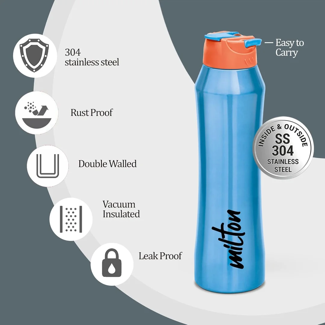 Milton Stark 900 Thermosteel Insulated Water Bottle 790 ml Blue 24 Hours Hot Cold Leak Proof Stainless Steel Bottle image 4