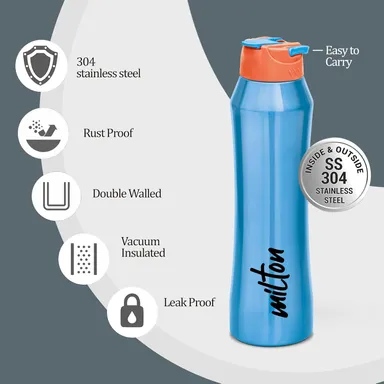 Milton Stark 900 Thermosteel Insulated Water Bottle 790 ml Blue 24 Hours Hot Cold Leak Proof Stainless Steel Bottle thumbnail 3